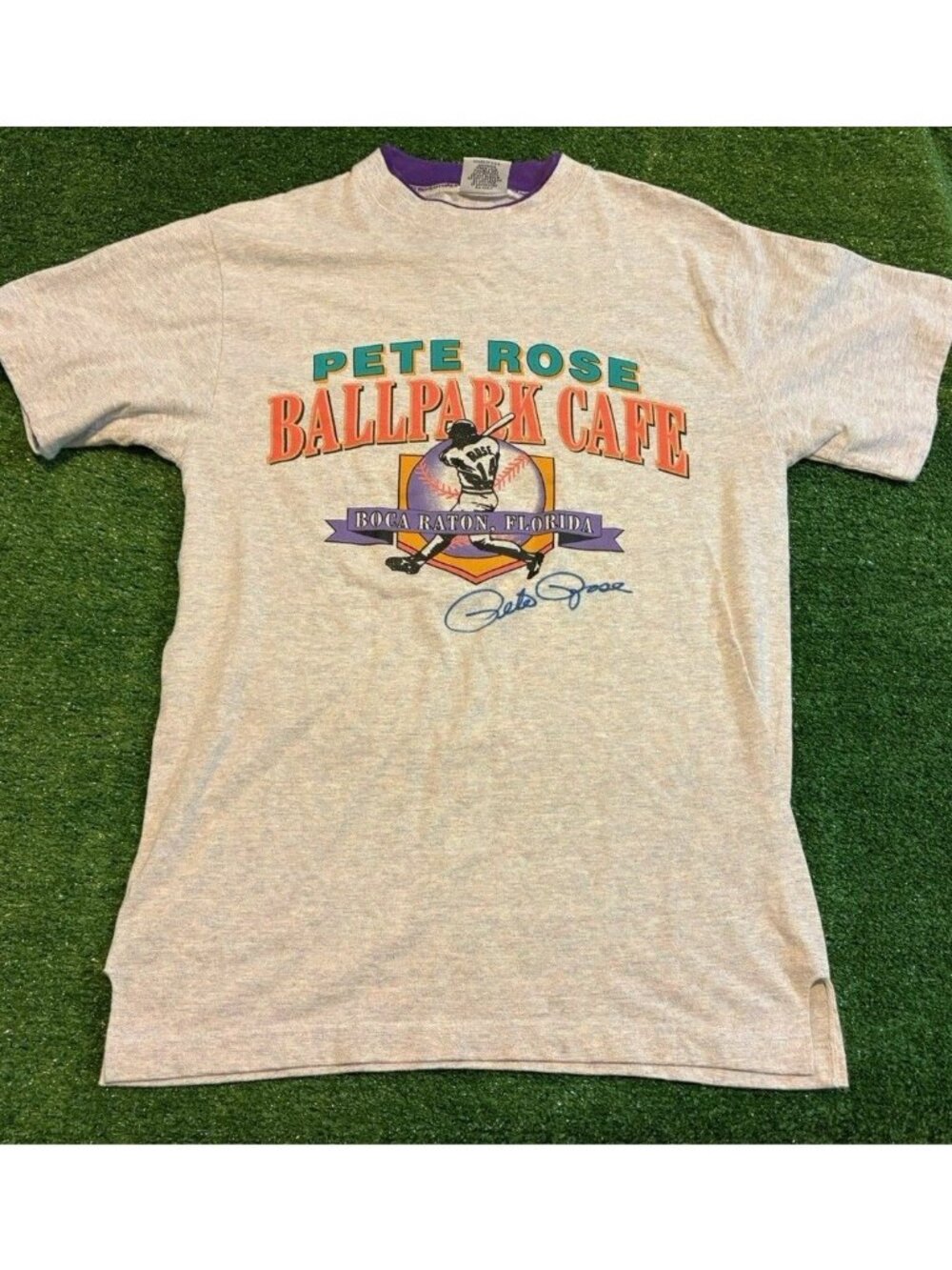 Vintage Pete Rose shirt mens medium gray purple baseball autograph cafe MLB 90s
